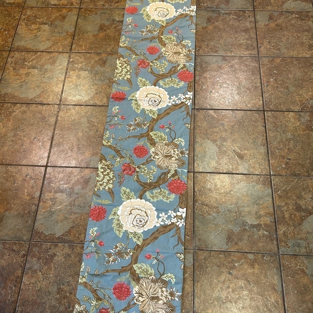 World Market Table Runner Floral Botanical Print  Cotton Blue 16x88” No Flaws